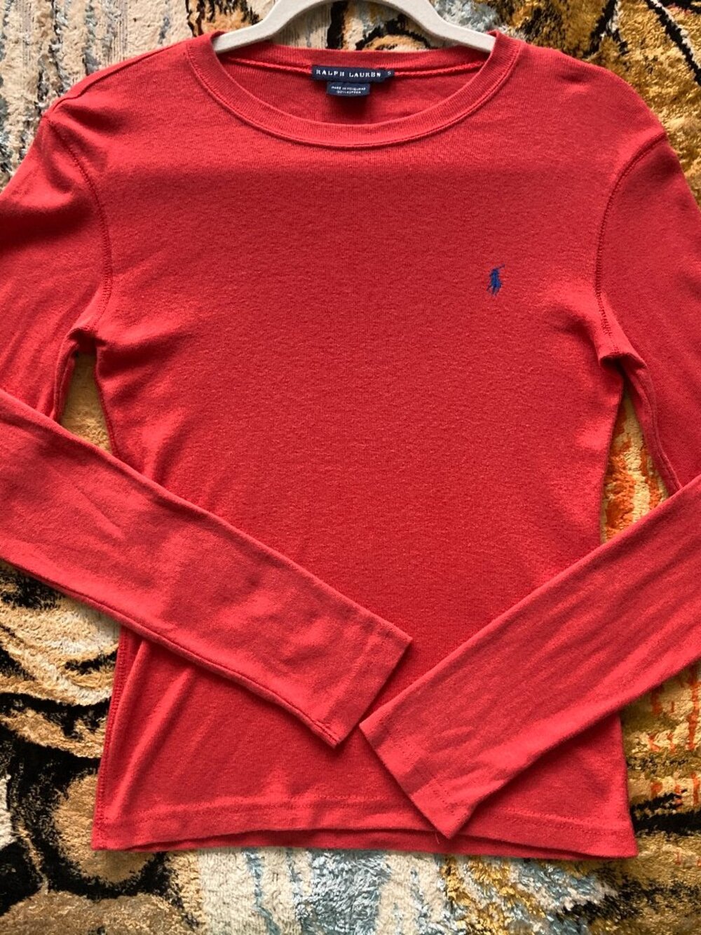 Vintage 90's Ralph Lauren Red Crewneck Long-Sleeve Shirt 100% Cotton
